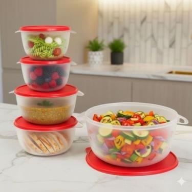 Imagem de Kit 5 Potes Plastico Redondos Bowl Livre Bpa Cor:VERM TRANSP - Casa Be