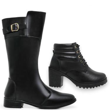 Imagem de Kit Bota Cano Longo Montaria + Coturno Feminino Salto Grosso Antiderra