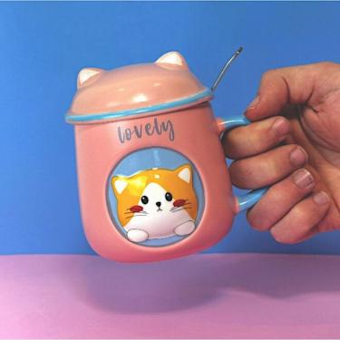 Imagem de Caneca Porcelana 3d Com Tampa E Colher Gatinho Rosa