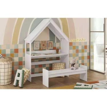 Imagem de Mesa Cabeceira Infantil Casinha C Banco Peroba sem Gavetas MDF Moderno Branco Móveis Pe...