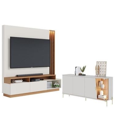 Imagem de Estante Home Theater Humaita Com Aparador Buffet Sena Com Led Off White Matte Freijó -...