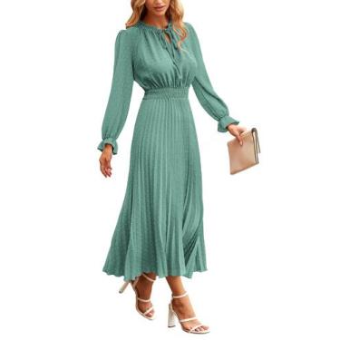 Imagem de Vestido PRETTYGARDEN Manga Longa Decote V Midi Plissado Verde G