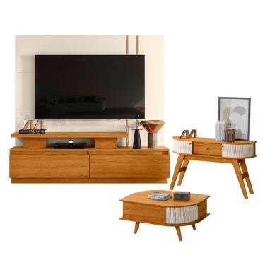 Imagem de Estante Home Theater New Apolo com Aparador Estoril e Mesa de Centro Indianápolis Cinamomo Off White – Madetec