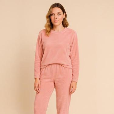 Imagem de Pijama feminino manga longa quentinho fofinho pelúcia Rosa - Marca, Ro