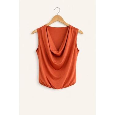 Imagem de Blusa Feminina Drapeada Poliamida Gola Elegante Morena Flor Cor:Telha,