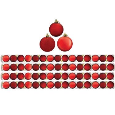 Imagem de Super Kit 60 Bolas De Natal Glitter, Lisa e Fosca Vermelha 4cm - Riomaster