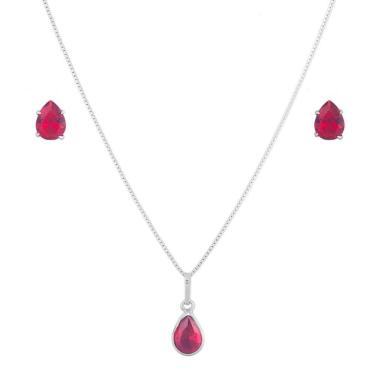 Imagem de Conjunto Corrente Colar 40cm Gota Brincos Em Prata 925