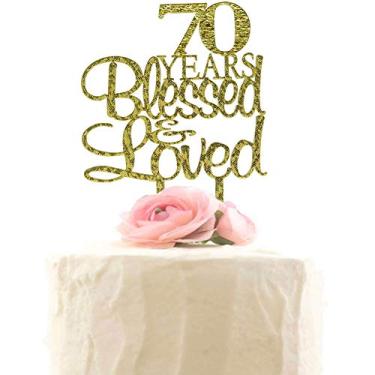 Imagem de Topo de bolo de 70 anos abençoado e amado, decoração de festa de aniversário de casamento de 70 anos (glitter dourado)