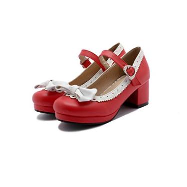 Imagem de ELFY sapato feminino bonito Lolita Cosplay laço salto médio grosso Mary Jane, Vermelho, 10