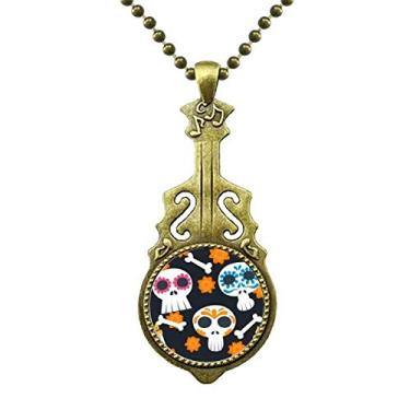Imagem de DIYthinker Colar com ilustração da cultura do México com flor de caveira, pingente de música de violão antigo