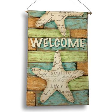 Imagem de BANBERRY DESIGNS Placa de praia temática - Bandeira de jardim de boas-vindas Starfish - Arame para pendurar e varão de madeira incluídos - 53,3 cm de comprimento