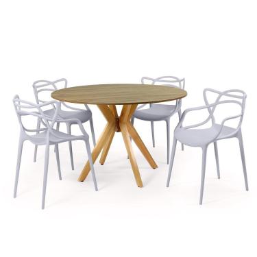 Imagem de Conjunto Mesa de Jantar Redonda Marci Natural 120cm com 4 Cadeiras Allegra - Cinza