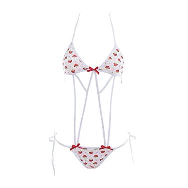 Imagem de SINGUYUN Lingerie sexy de morango micro biquíni anime japonês cosplay roupa de banho tanga conjunto de pijama, 362 branco, vermelho, One Size