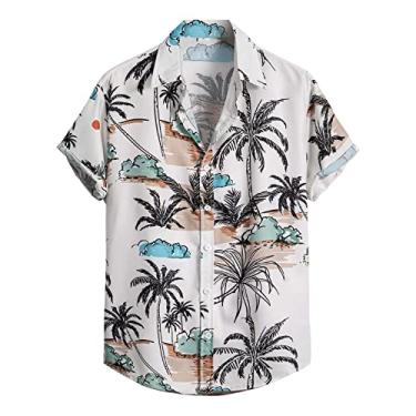 Imagem de Pacote de camiseta de bolso casual masculino solto lapela impressão cor contraste manga curta punho botão porta estilo floral N, Branco, P