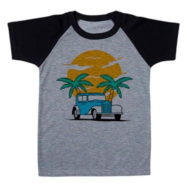 Imagem de Camiseta Raglan Infantil Cinza Carro Azul Retro Sol Coqueiro Tropical (BR, Numérico, 6, Regular, Polialgodão)