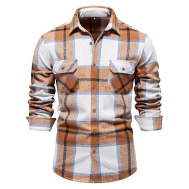Imagem de Camisetas masculinas outono verão manga longa gola alta xadrez camisa masculina 2024 moderno Y2K, J-742 cáqui, M