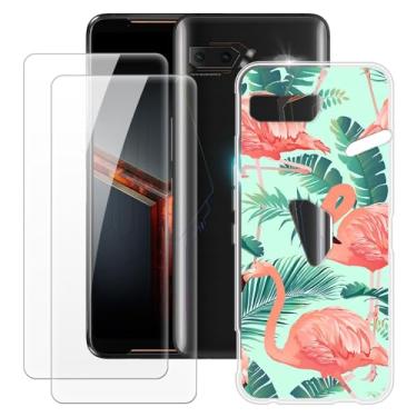 Imagem de MILEGOO Capa Asus Rog Phone 2 ZS660KL + 2 peças protetoras de tela de vidro temperado, à prova de choque, capa de TPU de silicone macio para Asus Rog Phone 2 ZS660KL (16.7 cm) Flamingo