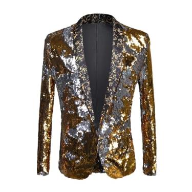 Imagem de Blazer masculino brilhante decorado brilhante para discoteca, formatura, blazer com lantejoulas, jaqueta preta, Amarelo, X-Large