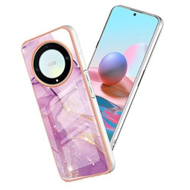 Imagem de Yarxiawin Capa compatível com Honor Magic 5 Lite, silicone mármore, rosa, Honor Magic 5 Lite, capa de silicone à prova de choque, capa fina antiimpressões digitais (roxo claro)