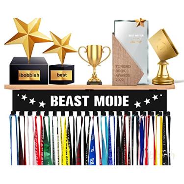 Imagem de Prateleira para exibição de troféus e medalhas BEAST Mode com 20 ganchos, suporte de parede de metal preto resistente para medalhas grandes e caixa de presente