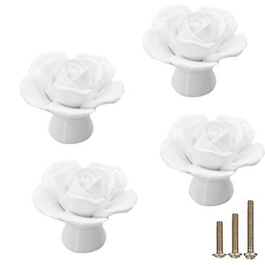 Imagem de ESreake Pacote com 4 puxadores de cerâmica rosa, puxadores vintage de cerâmica de flor rosa puxadores de armário de cozinha penteadeira alças com parafusos de 3 tamanhos para armário de cômoda de quarto de menina (4, branco)