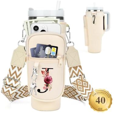 Imagem de LOKASS Suporte de garrafa de água personalizado com alça para acessórios Stanley Cup Tumbler de 1,134 g, bolsa de transporte inicial para garrafa de água com bolso para telefone, para mulheres, ideal