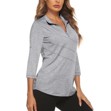 Imagem de Koscacy Camisa polo feminina de golfe com manga 3/4 rolada, UPF50+, meio zíper, ajuste seco, camiseta atlética, Cinza, GG