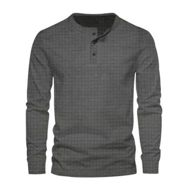 Imagem de Camisetas masculinas de manga comprida xadrez cor sólida abotoadas gola redonda pulôver camisetas casuais, Cinza escuro, P