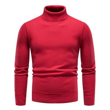 Imagem de Suéter masculino de cor sólida, gola rolê, gola rolê, leve, Vermelho, XG