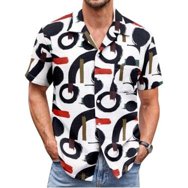 Imagem de COOFANDY Camisa masculina Waffle com botão e manga curta, caimento solto, blusa de praia cubana, Abstrato multicolorido, P