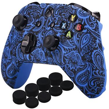 Imagem de YoRHa Capa de silicone de borracha com impressão para controle Xbox One S/X x 1 (flores e azul) com alças de polegar PRO x 8