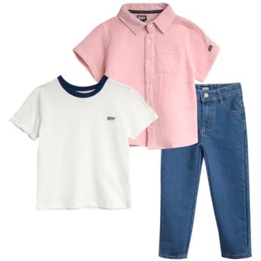 Imagem de DKNY Conjunto de calças para meninos – Camisa de manga curta com botões, camiseta e jeans stretch – Conjunto de roupa para meninos (2-7), rosa, 2 Anos