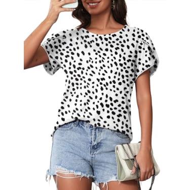 Imagem de Bellcoco Camisetas femininas de verão casual gola redonda blusa de renda crochê manga curta linda estampa floral túnica solta tops, Ponto branco, P