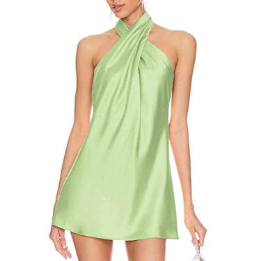 Imagem de BELONGSCI Vestido feminino de cetim de verão 2024 cruzado sem mangas frente única decote coquetel vestido mini, L3: Verde tenro, GG