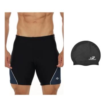 Imagem de Kit Bermuda Natação Hidroginástica E Touca De Silicone Impermeável (Preto/Cinza - Touca Preta, XGG)