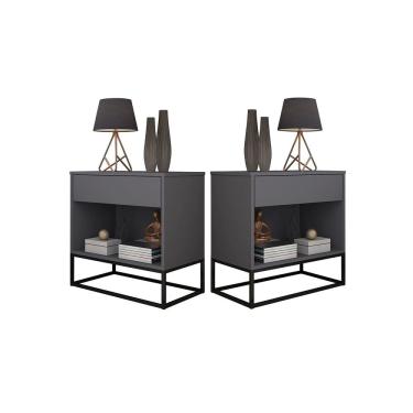 Imagem de Kit 2 Mesas de Cabeceira Industrial Gaveta e Nicho Cinza Base de Ferro Preto