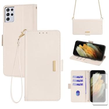 Imagem de Asuwish Capa de celular para Samsung Galaxy S21 Ultra 5G Capa carteira com protetor de tela de vidro temperado e alça de pulso com bloqueio de RFID, compartimento para cartão de crédito, compartimento