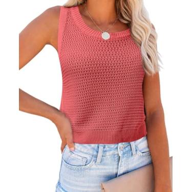 Imagem de FISACE Suéter feminino de malha de verão, gola redonda, crochê, vazado, sem mangas, camiseta cropped casual, Vermelho melancia, G