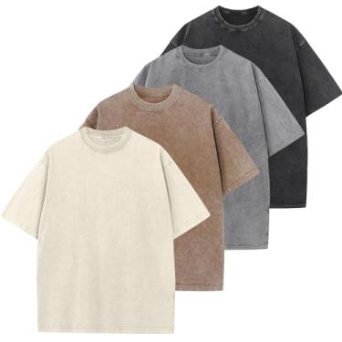 Imagem de Camisetas masculinas de algodão grandes folgadas vintage lavadas unissex manga curta camisetas casuais, Preto + cinza + areia + bege, M