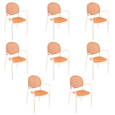 Imagem de Loft7 Home Decor, Kit 8 Cadeiras Jantar Cozinha Cafeteria com Braços Mumbai Tela Palha Plástico - Branco