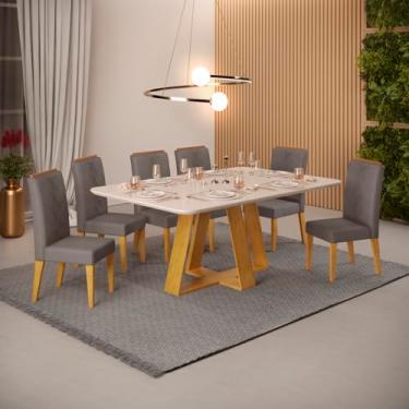 Imagem de Conjunto Sala de Jantar 6 Cadeiras Tampo Curvo Dj Móveis Kiara Cedro Yasmin Veludo Lunar