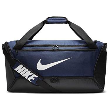 Imagem de Nike Bolsa esportiva média Brasilia Training, bolsa durável para mulheres e homens com alça ajustável, azul-marinho/preto/branco