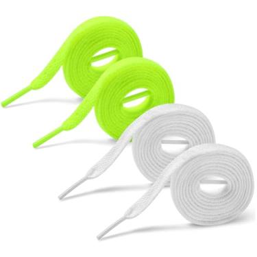 Imagem de jianxi 4 pares de cadarços planos de 8 mm de largura de poliéster cadarços coloridos para tênis e calçados esportivos 100-180 cm, Verde fluorescente + branco, 55.2 inches