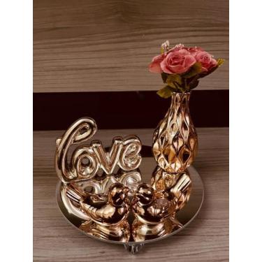 Imagem de Kit Decoração Sala Rose Gold Vaso Flores Bandeja Vidro Passarinho Mesa