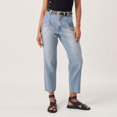 Imagem de Calça Jeans Mom Cintura Alta e Pregas Azul Claro - Bloom, Jeans delavê