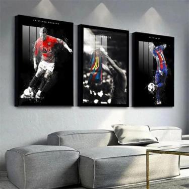 Imagem de Kit 3 Quadros Decorativos Messi, Neymar Cr7 Futebol Arte Bola 120x60cm
