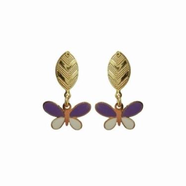 Imagem de Brinco Pingente Borboleta Resinado Folheado Ouro - MIXFOLHEADOS, Roxo
