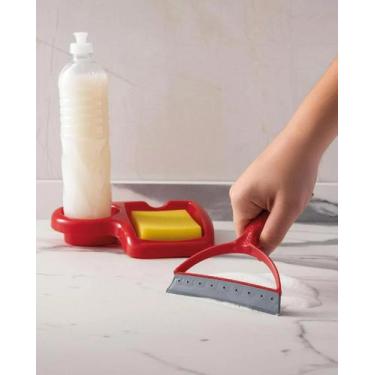 Imagem de Kit Porta Detergente Bucha + Rodinho Para Pia Keita, Vermelho