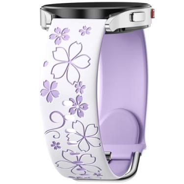 Imagem de DaQin Pulseira esportiva de silicone para Galaxy Watch 7 4 5 6/Galaxy Watch 5 Pro/Watch 6 Classic/Active 2, pulseira esportiva feminina com gravação floral de 20 mm, macia à prova d'água, branca/lilás