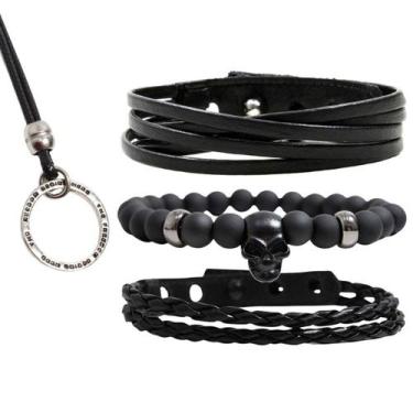 Imagem de Pulseiras Masculinas Couro Caveira Prata Kit C / 03 + Colar Ponta de F